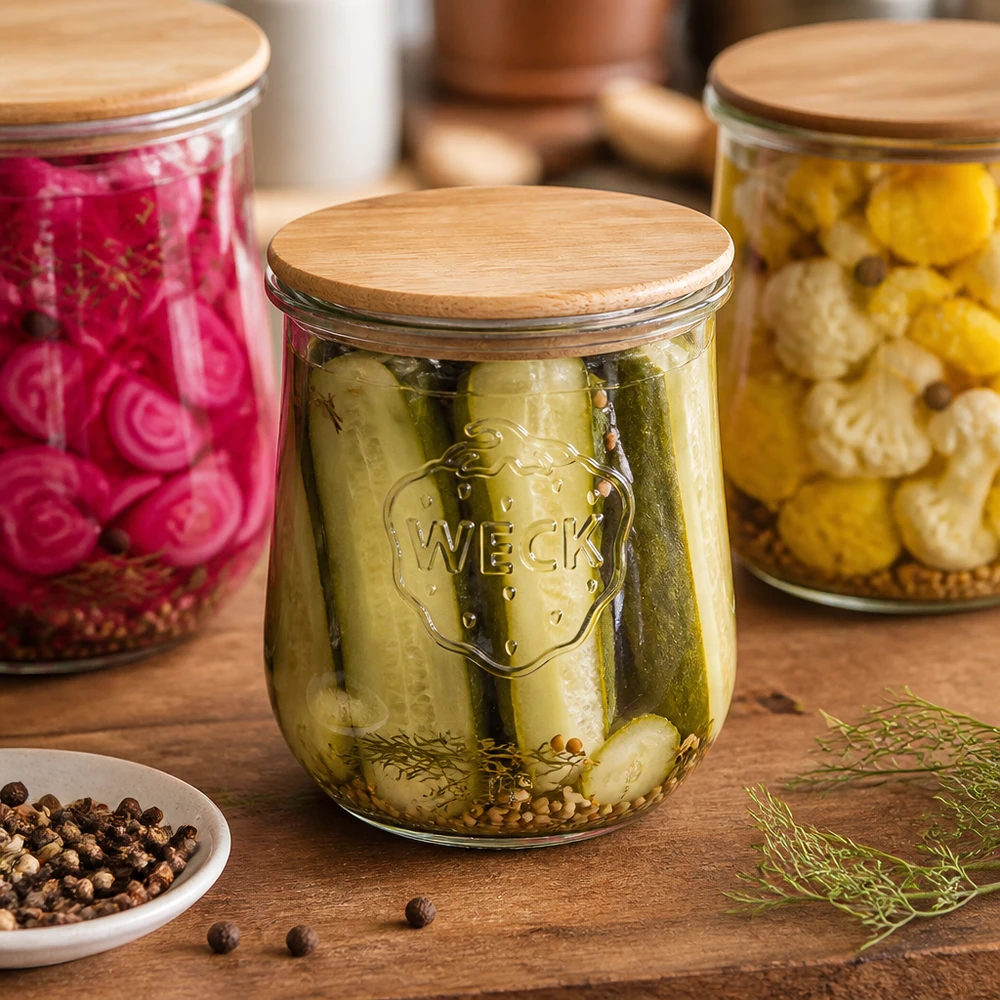 1062ml tulpenglas WECK RR100 met hout deksel WECK tulpenpot RR100 1062ml met houten deksel gevuld met ingemaakte augurken en dille op een houten tafel met kruiden