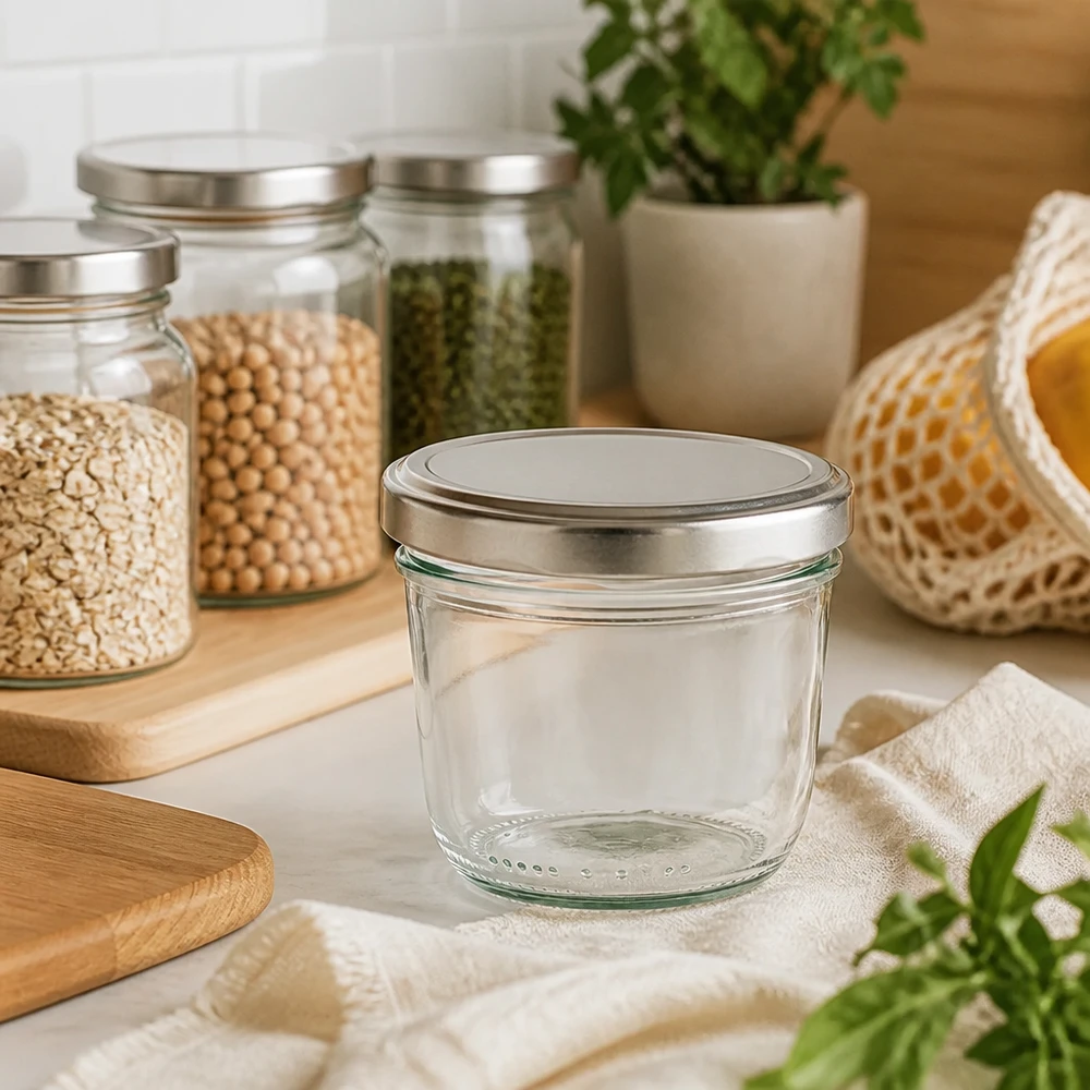 230ml bekers met zilveren BasicSeal deksel in duurzame keuken met voorraadpotten en houten plank Lifestyle