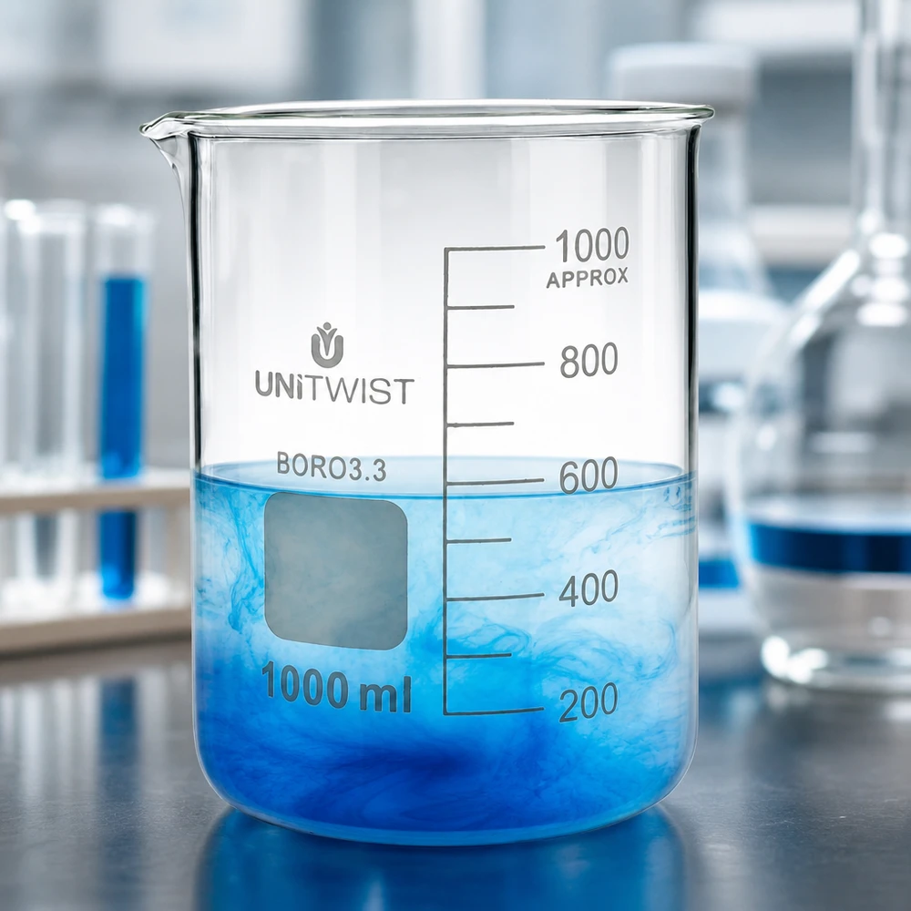 Beker 1000ml borosilicaat, lage vorm UNiTWIST UNiTWIST bekerglas 1000 ml, laag model, borosilicaatglas, met opschriftveld en schaalverdeling
