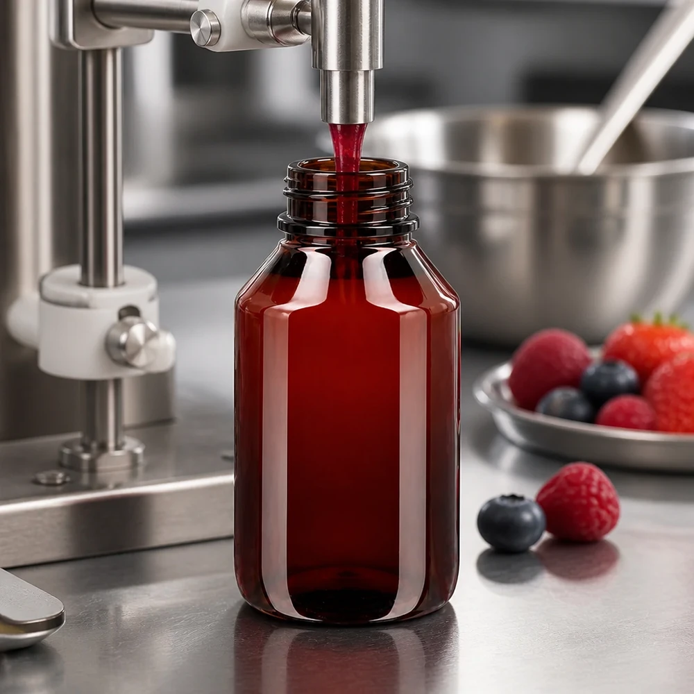 PET-fles 50ml met zwarte spuitdop OV Industrielle Abfüllanlage befüllt bernsteinfarbene 50ml PET Flasche mit Beerensaft