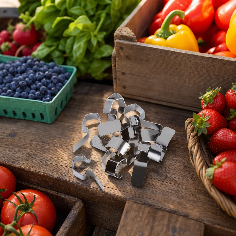 Roestvrijstalen inmaakklemmen omringd door verse groenten, fruit en bessen op een rustieke houten tafel Keukenaccessoires