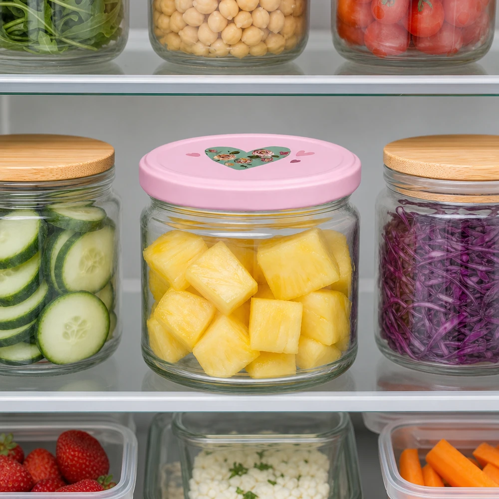 Ronde pot 330 ml + deksel BasicSeal roze hart UNiTWIST 330 ml ronde pot met roze hartvormig deksel gevuld met stukjes ananas in de koelkast naast fruit en groenten