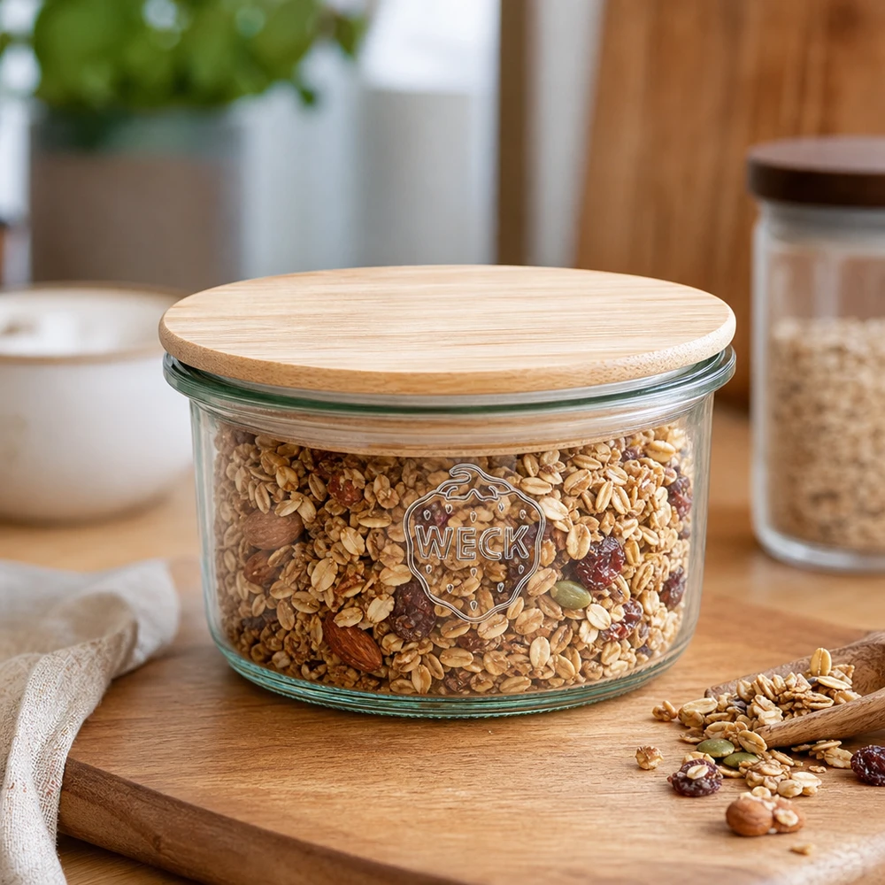165ml stortglas WECK RR80 met hout deksel WECK RR80 165ml mason jar met bamboe deksel gevuld met muesli mix op een houten plank in een moderne keuken