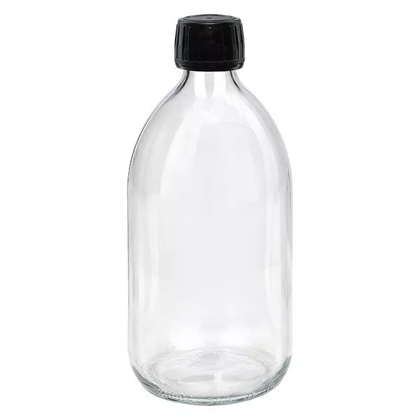 500ml Euro-medicijnfles helder met zwarte schroefsluiting VR 500ml Euro-medicijnfles helder met zwarte schroefsluiting VR