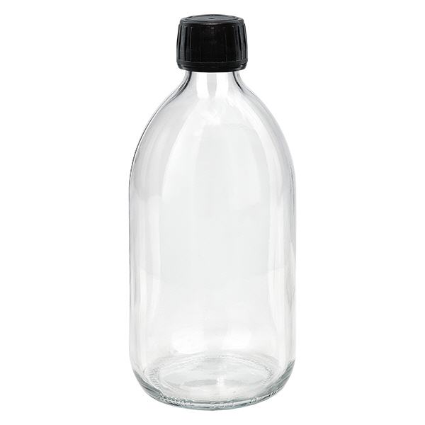500ml Euro-medicijnfles helder met zwarte schroefsluiting VR 500ml Euro-medicijnfles helder met zwarte schroefsluiting VR