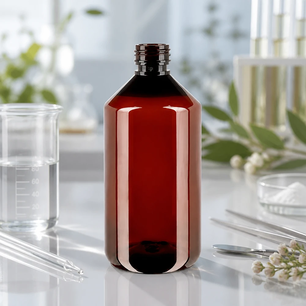 PET-fles 750 ml met bruine dop Standaard Doorzichtige bruine PET-fles van 750 ml, standaardformaat, naast een bekerglas en een petrischaal