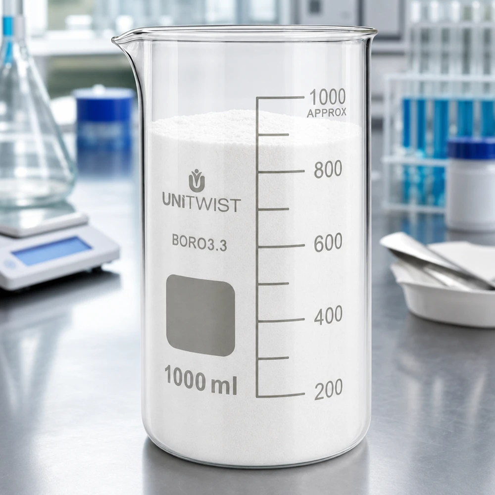 UNITWIST bekerglas 1000 ml, borosilicaat 3.3, hoge vorm met wit laboratoriumpoeder boven het vulniveau van 800 ml