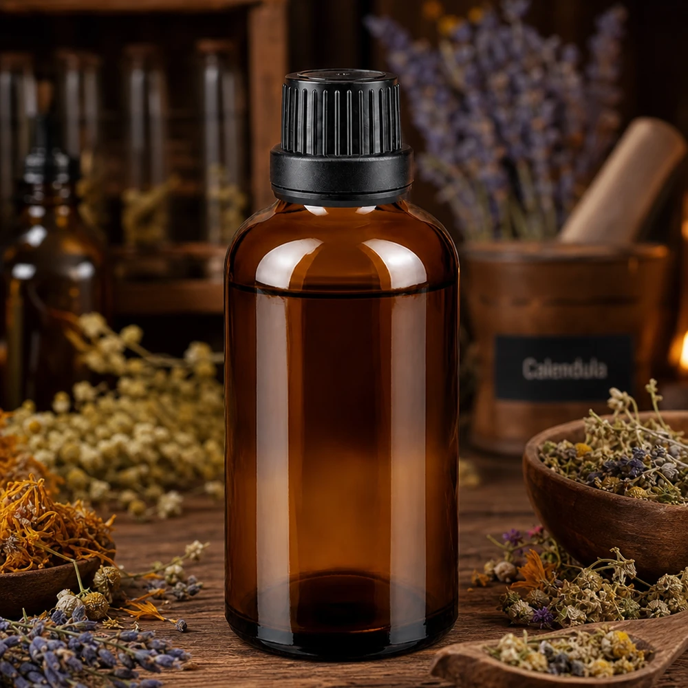 Bruine glazen fles 50ml met zwart schroefsluiting dicht. VR Amberkleurig glazen flesje van 50 ml met een zwarte OV van 11 mm, omringd door lavendel en gedroogde bloemen