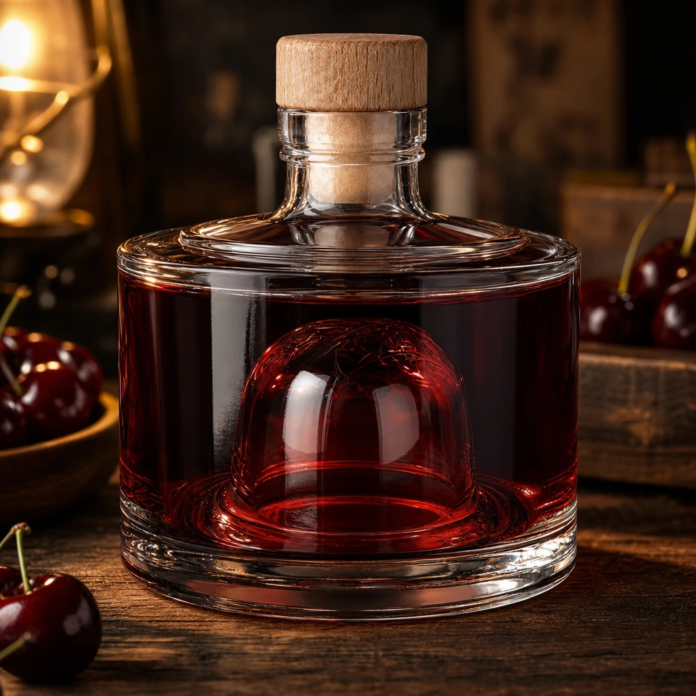 200 ml glazen fles Barbara met houten kurk met handvat UNiTWIST® 200ml Glasflasche Barbara mit roter Kirschlikör Füllung edle Präsentation auf rustikalem Holz atmosphärische Beleuchtung