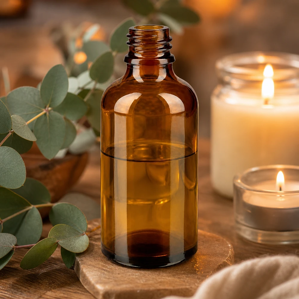 50ml bruine glazen ApoGlas apothekersfles met etherische olie naast kaarsen en eucalyptus