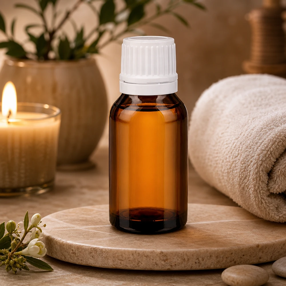 Compacte apotheekflesje van 15 ml, bruin, voor aromatherapie, met witte schroefdop