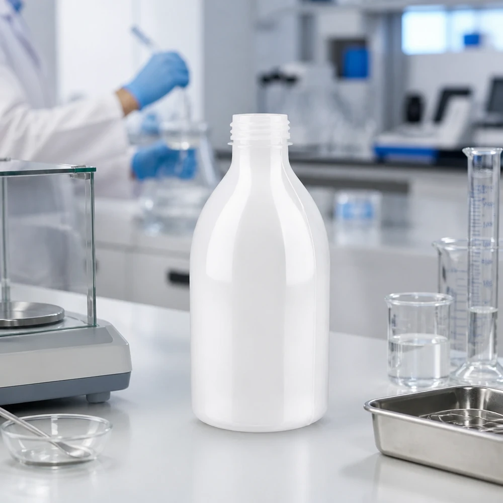 Witte, ondoorzichtige laboratoriumfles met smalle hals en een inhoud van 250 ml, zonder deksel, voor chemische monsters