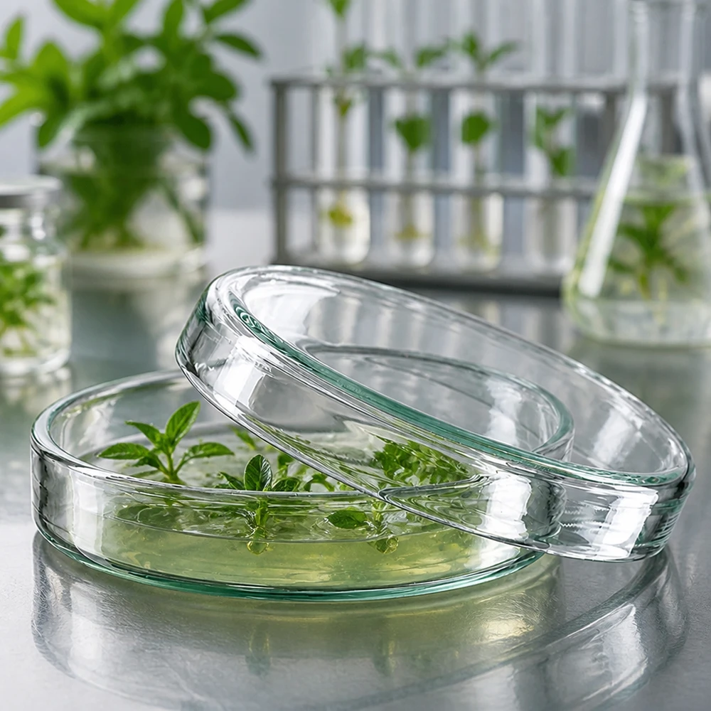 Vlakke glazen petrischaal van 60 x 15 mm met groene zaailingen in een schone laboratoriumomgeving