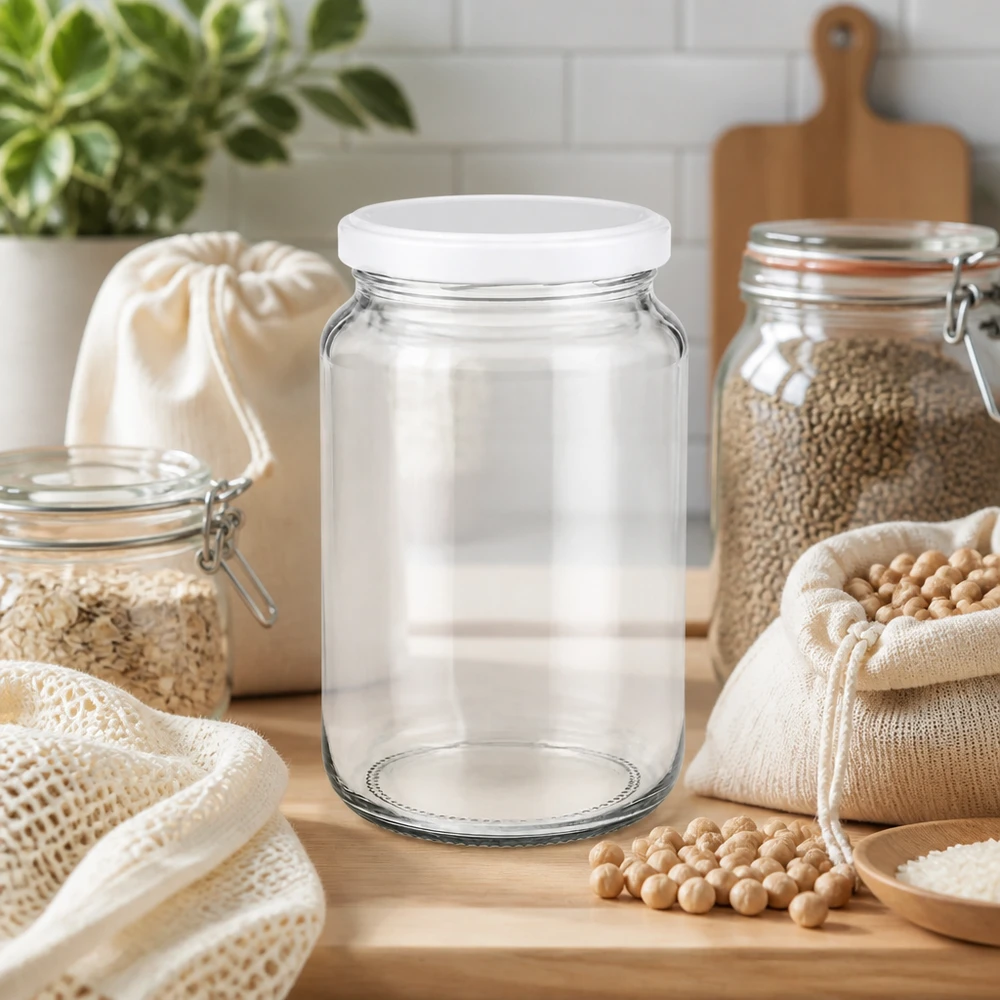 382ml rond glas met BasicSeal deksel wit UNiTWIST 382ml UNiTWIST Rundglas mit weißem BasicSeal Deckel in nachhaltiger Zero-Waste Küche mit Hülsenfrüchten und Stoffbeuteln