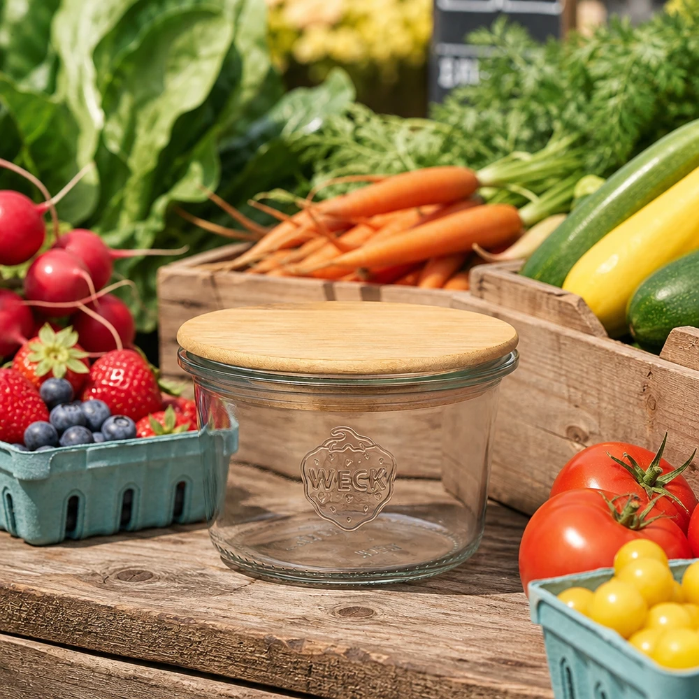 WECK-mini stortglas 80ml met hout deksel WECK Sturzglas 80ml RR60 mit Bambusdeckel auf Holztisch zwischen frischem Gemüse Obst Marktstand Atmosphäre
