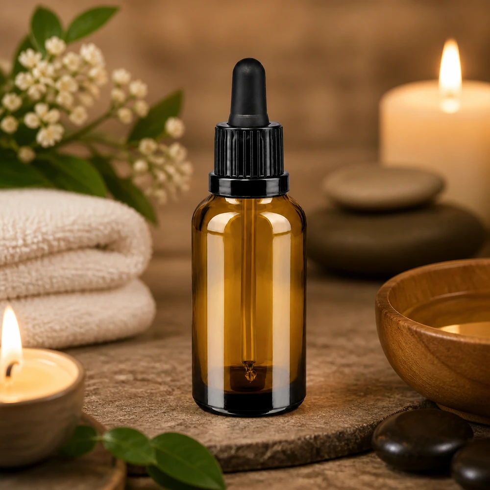 30ml pipetfles zwart OV BrownLine UT18/30 Compacte 30ml reisfles van amberkleurig glas met praktische pipet voor onderweg
