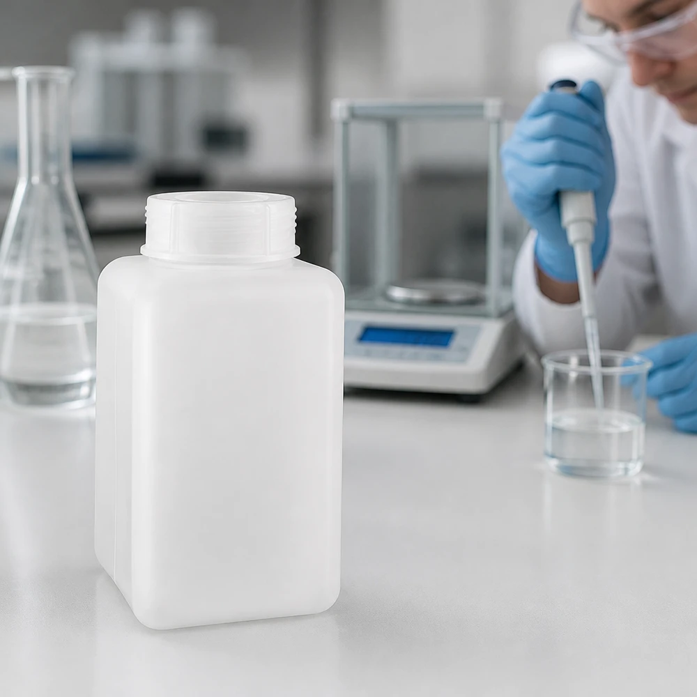 Vierkante chemiefles van PE-HD, 1000 ml, met wijde hals, voor veilige opslag in het scheikundelaboratorium