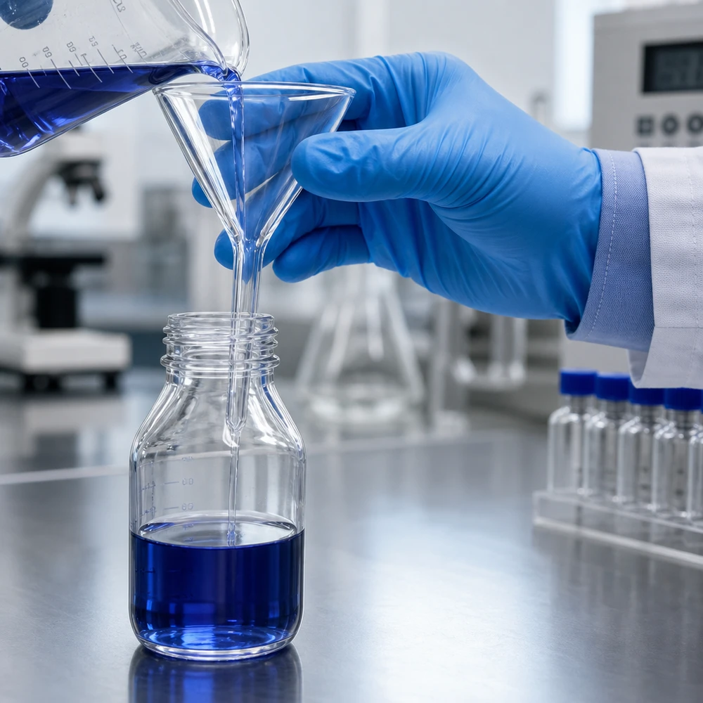 Compacte glazen trechter met 35 mm diameter en kort handvat voor efficiënt werken in het laboratorium