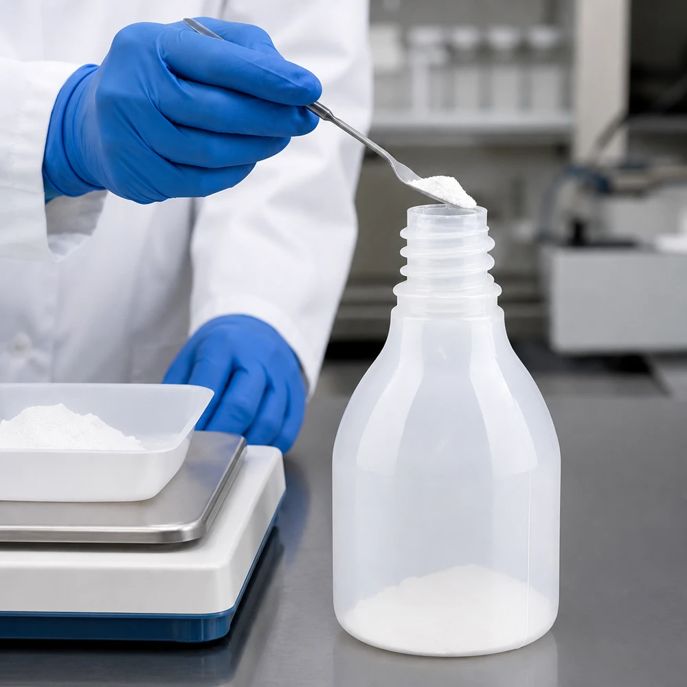 Nauwe hals laboratoriumfles 30ml zonder sluiting Een laboratoriumtechnicus vult een smalhalsflesje van 30 ml met een witte vaste stof, terwijl hij beschermende handschoenen draagt