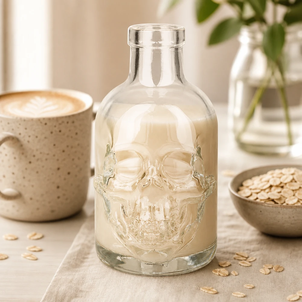 200ml glazen fles jack schedel ontwerp gevuld met havermelk lifestyle scene koffiekopje keuken sfeer