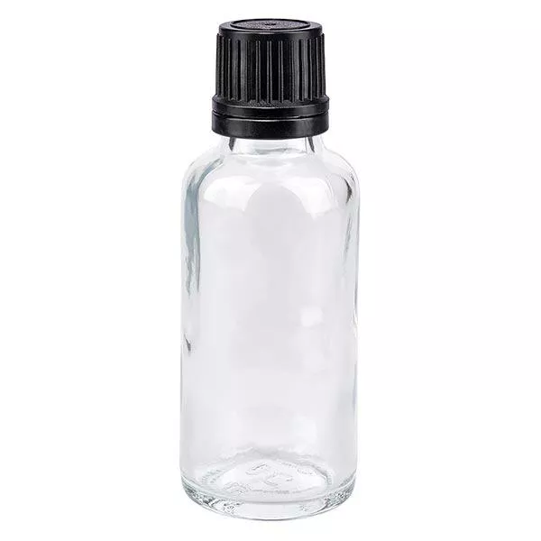 Helder glazen flessen 30ml met zwart druppelsluiting 1mm VR Helder glazen flessen 30ml met zwart druppelsluiting 1mm VR