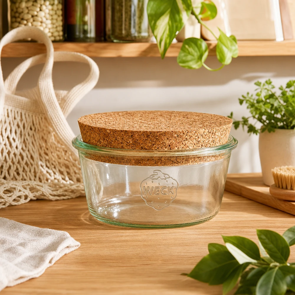 290ml stortglas laag WECK RR80 met kurk WECK voorraadpot 290ml RR100 met kurkdeksel in duurzame zero-waste keuken met planten en gaaszakje