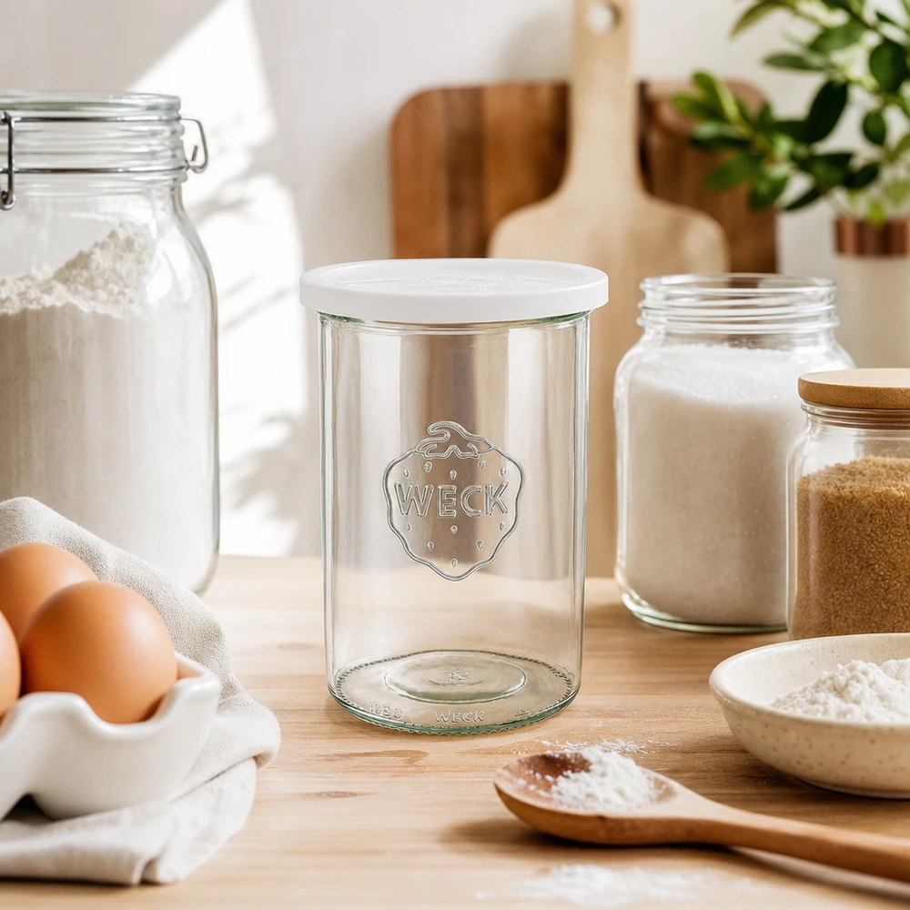 1000ml stortglas met vershouddeksel WECK RR100 WECK tuimelpot 1000ml RR100 lege inmaakpot met vers deksel tussen bloem eieren en keukengerei toont bak accessoires
