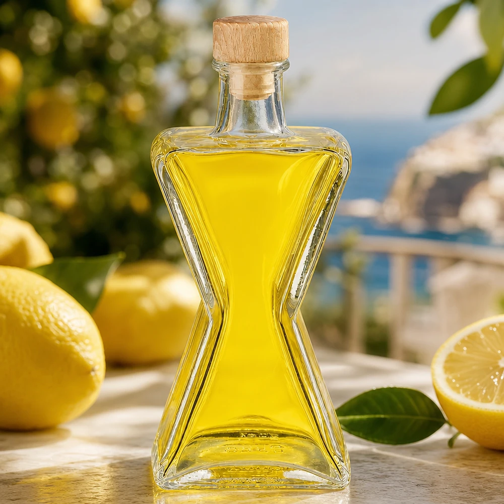 200ml Star glazen fles gevuld met gele olie naast citroenen - UNiTWIST houten kurk voor limoncello en sterke drank