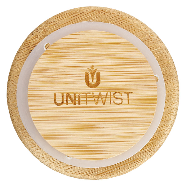 140ml stortglas WECK RR60 met hout deksel UNITWIST houten deksel RR60 bovenaanzicht met lasergegraveerd logo en transparante siliconen afsluitring voor WECK potten