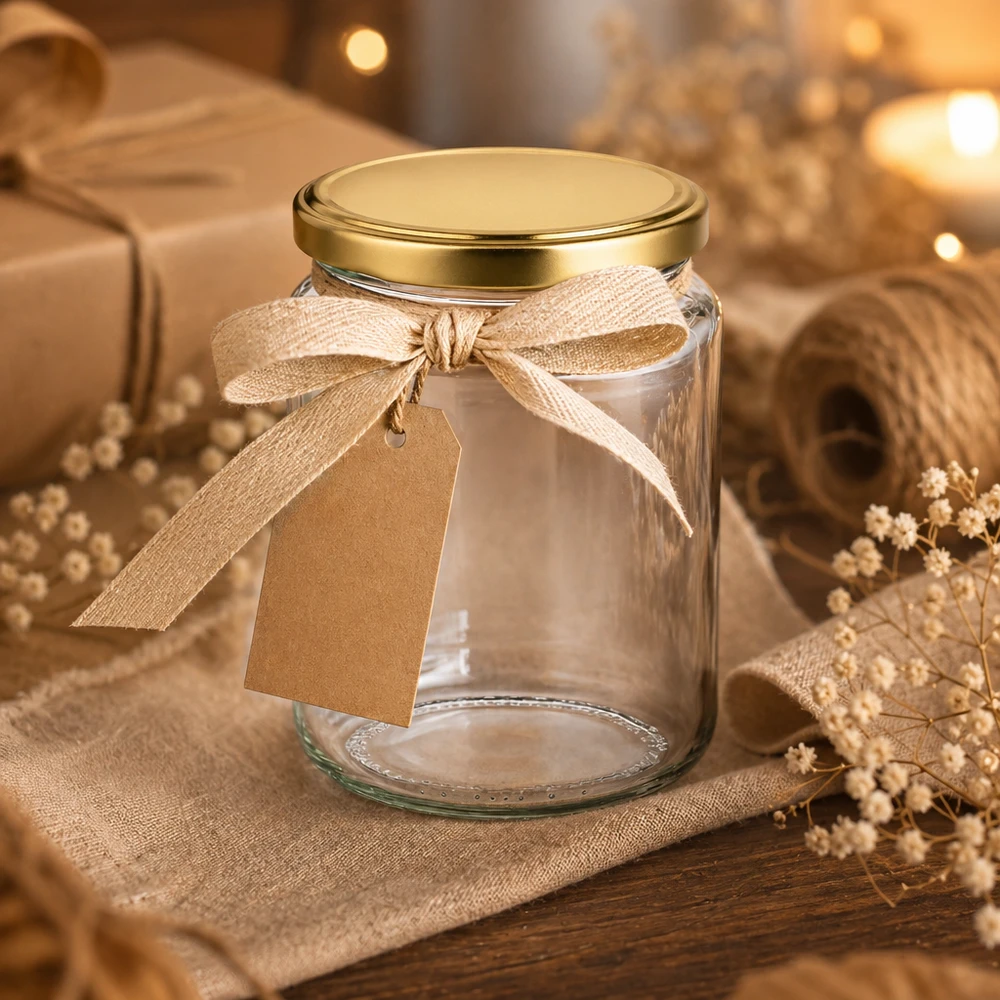 450g honingpot leeg met lint en cadeaulabel rustieke decoratie BasicSeal pot als geschenkverpakking