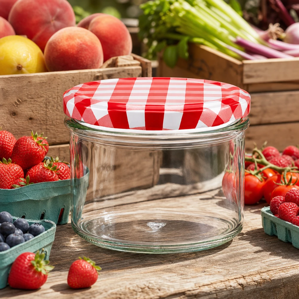 Lege bekers van 225 ml met rood en wit geblokt BasicSeal deksel omringd door vers fruit en groenten om te bewaren