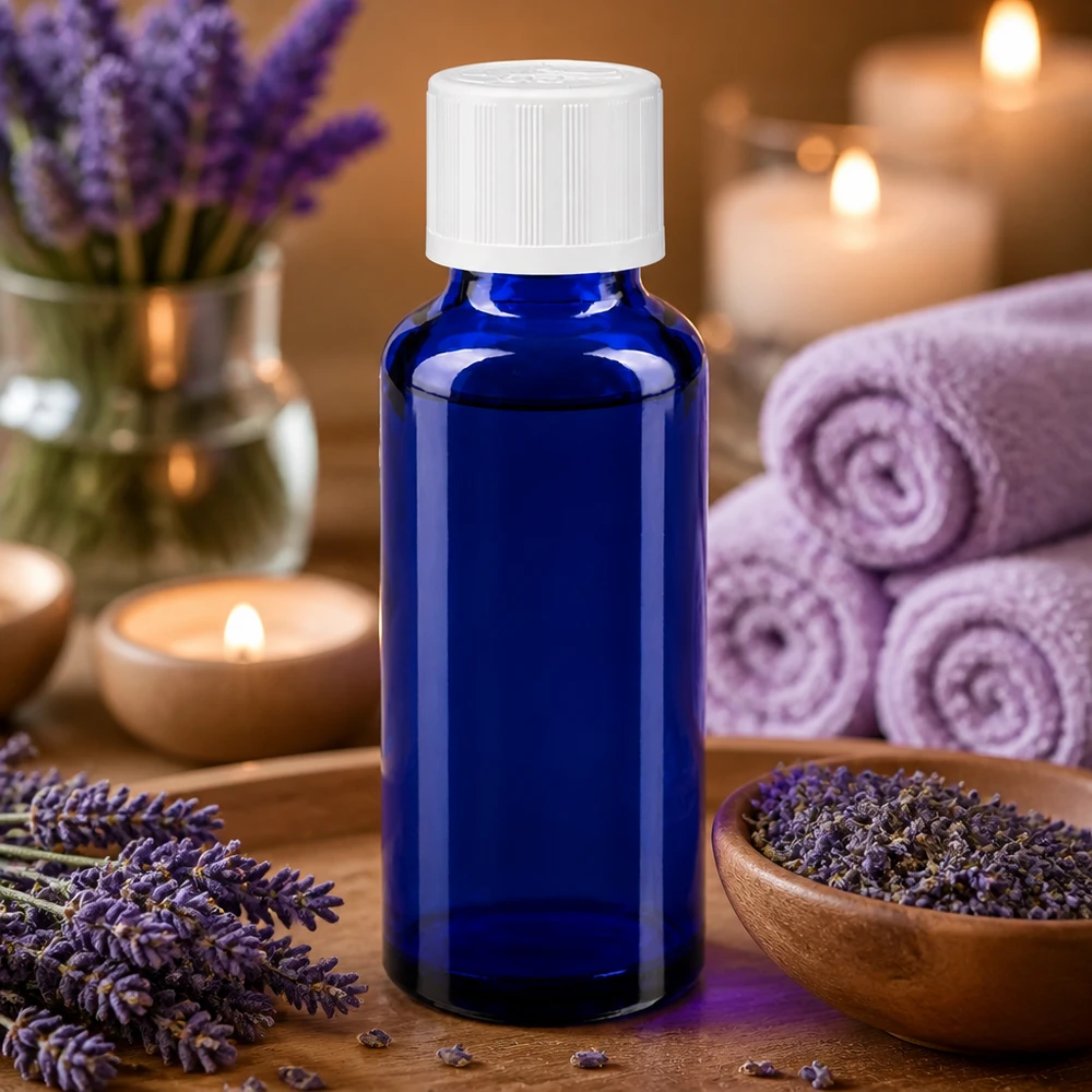 UV-beschermende fles van blauw glas, 30 ml, met kindveilige witte dop voor natuurlijke cosmetica