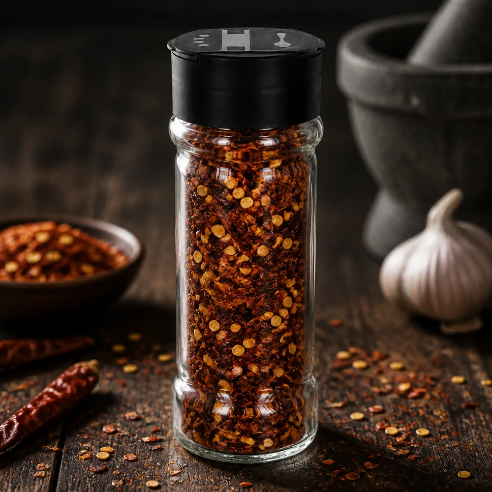 Zout-/kruidenpotje 100 ml met dubbele strooier, zwart Kruidenstrooier van 100 ml glas met chilivlokken naast knoflook en een vijzel op donker hout