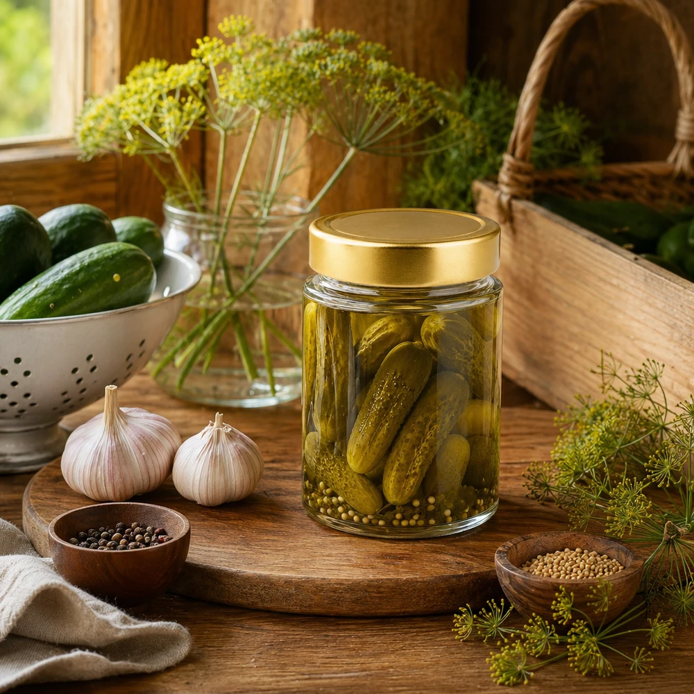 202 ml ronde pot met gouden deksel vol augurken - traditionele inmaakpot voor ingemaakte groenten