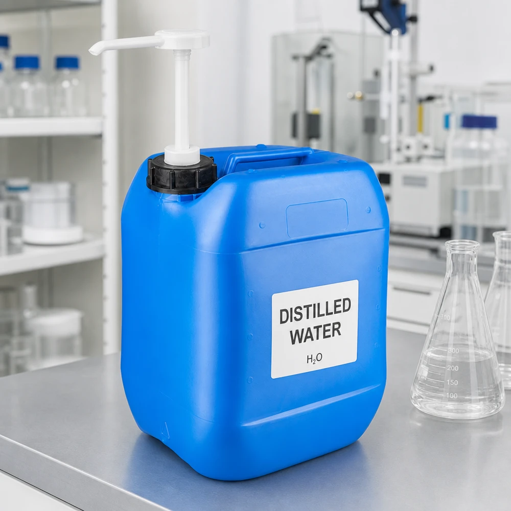 Canister 10 liter blauw met doseerpomp Blauwe HDPE-jerrycan met een inhoud van 10 liter, voorzien van een zwarte schroefdop en een witte pomp