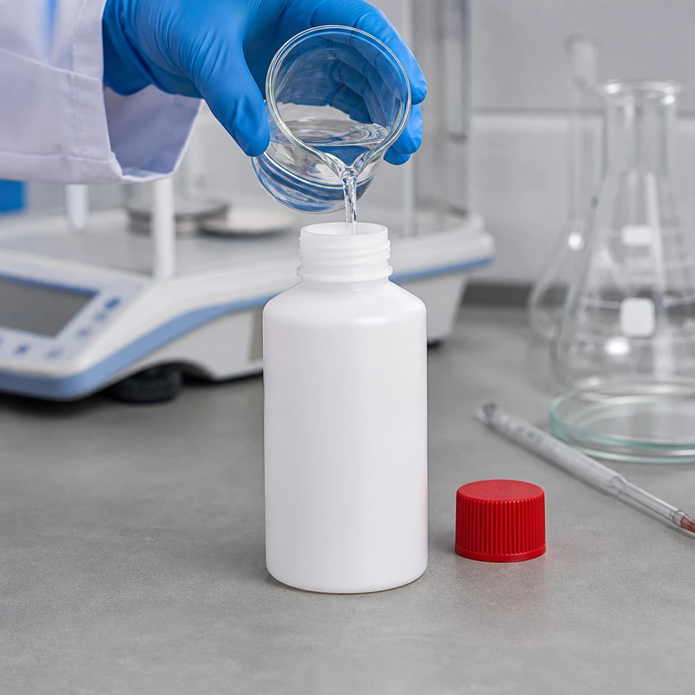 PET cilinderfles 50ml wit met schroefsluiting rood Cilindrische apothekersfles van wit HDPE, 50 ml, met rode SV bij het afvullen van een heldere vloeistof