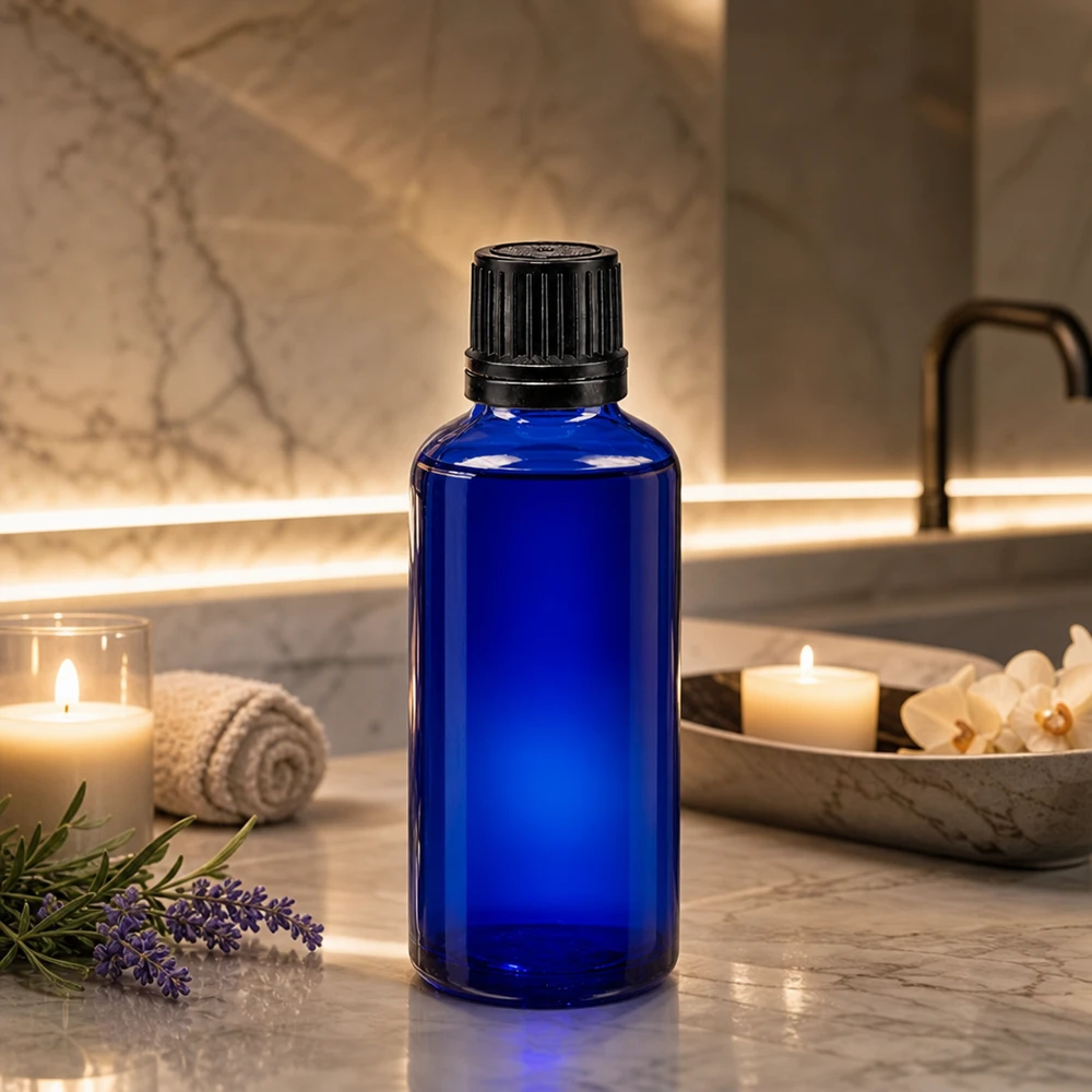 Blauw Apo-glasflesje van 50 ml met OV-dop voor etherische oliën en natuurlijke cosmetica