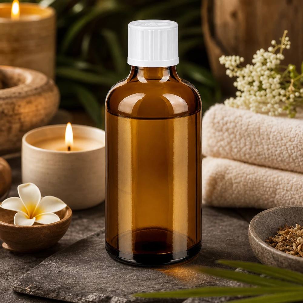Bruin glazen flesje van 50 ml met een witte KiSi-dop, omringd door spa-accessoires en natuurlijke materialen