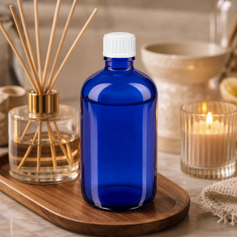 Glazen apothekersflesjes van 100 ml in blauw met een witte dop van 11 mm voor aromatherapieproducten