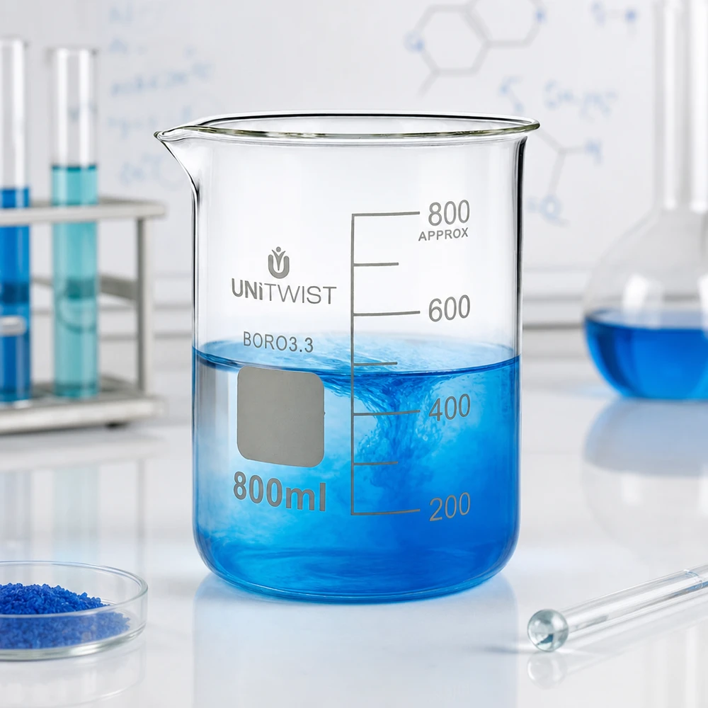 Beker 800ml borosilicaat, lage vorm UNiTWIST Doorzichtig bekerglas 800 ml UNiTWIST, laag model, van hittebestendig borosilicaatglas 3.3