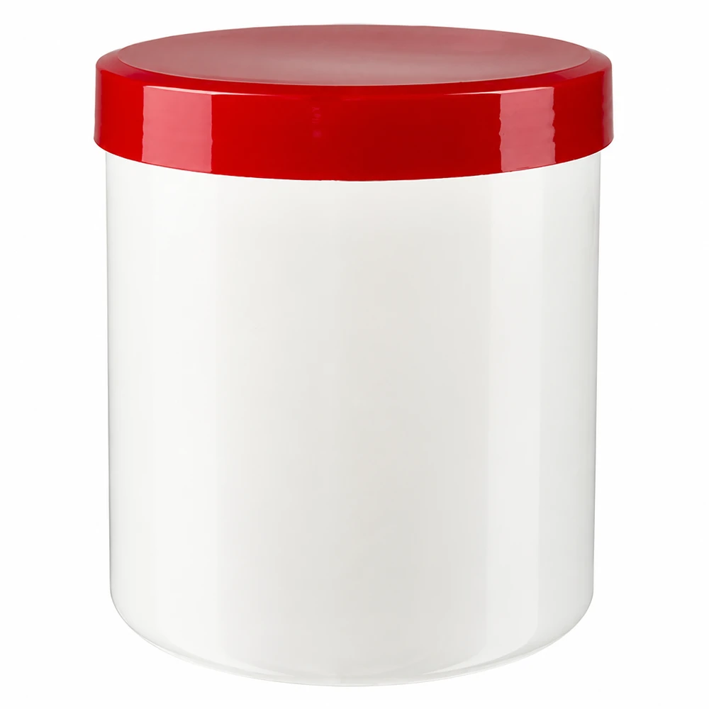 Zalfpot 30 g wit met rood schroefdeksel (PP) Lege zalfpot van 30 g, gemaakt van wit polypropyleen met een rood deksel