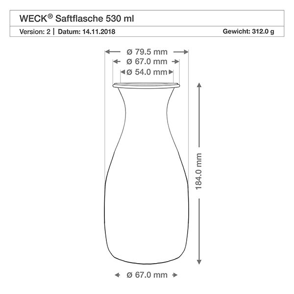 530ml sapflessen WECK RR60 met kurk WECK Saftflasche 530ml technische Zeichnung mit Maßangaben Durchmesser Höhe Gewicht Spezifikation Produktdetails