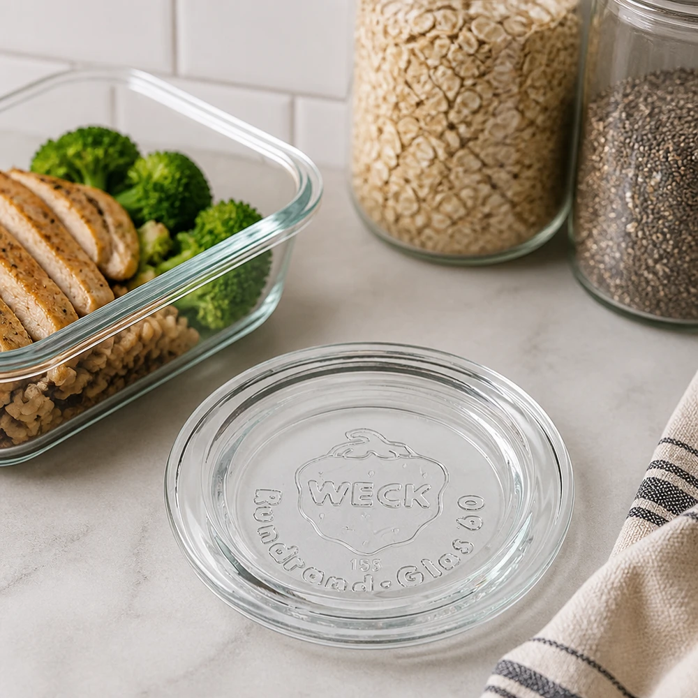 WECK RR60 glazen deksel op marmeren werkblad naast maaltijdcontainer met broccoli en voorraadpotten Kitchen lifestyle