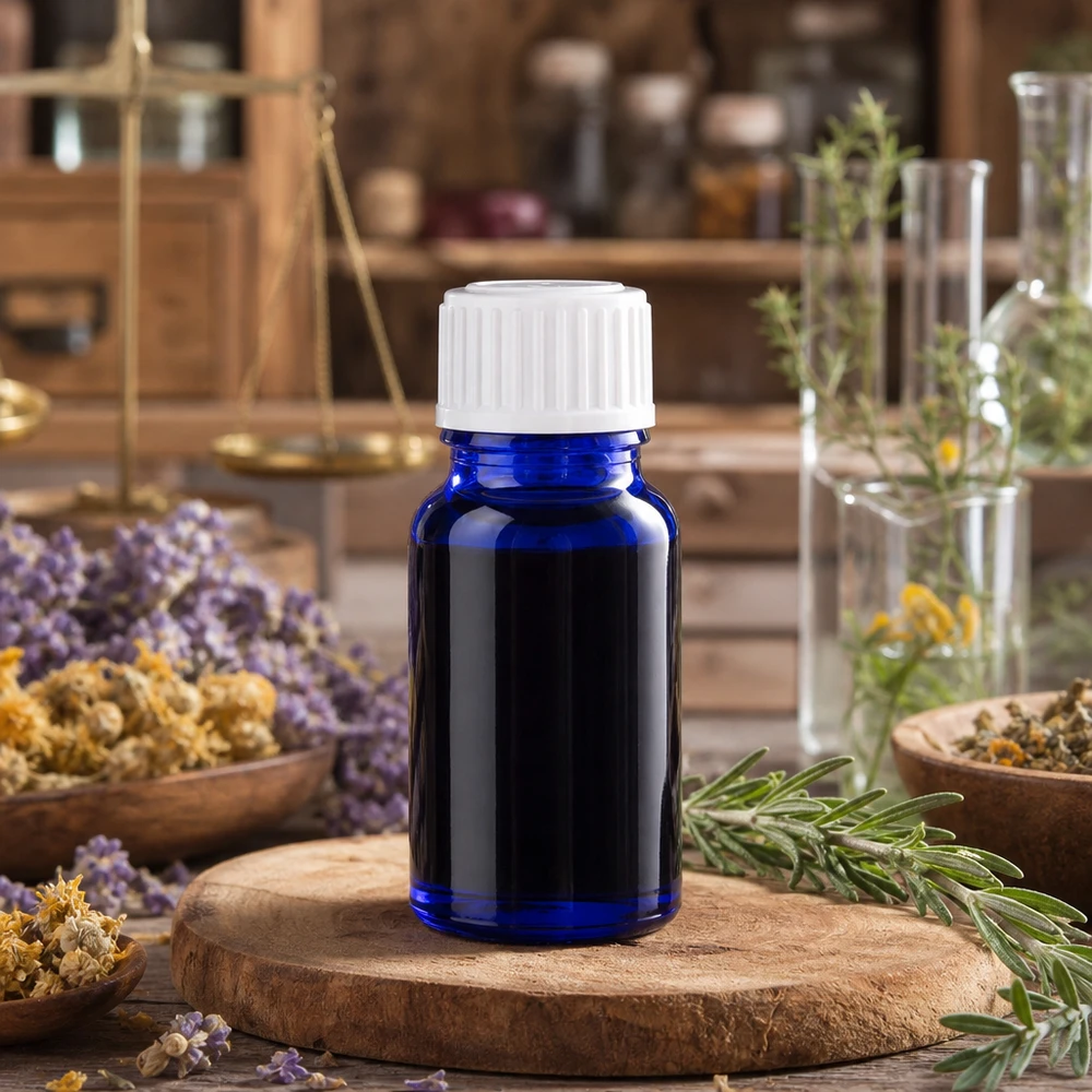 Blauwe druppelfles van 10 ml, standaarduitvoering voor etherische oliën, op een rustieke houten voet
