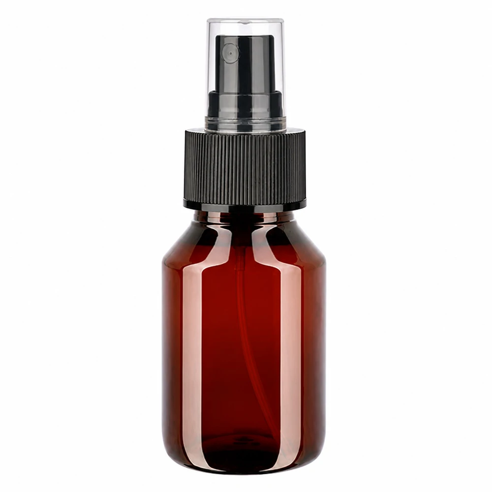 50 ml PET medicijnfles met verstuiver zwart GCMI 28/410 incl. dop transparant, standaard UV-schützende braune PET Sprühflasche 50ml mit schwarzem Zerstäuber Pumpkopf
