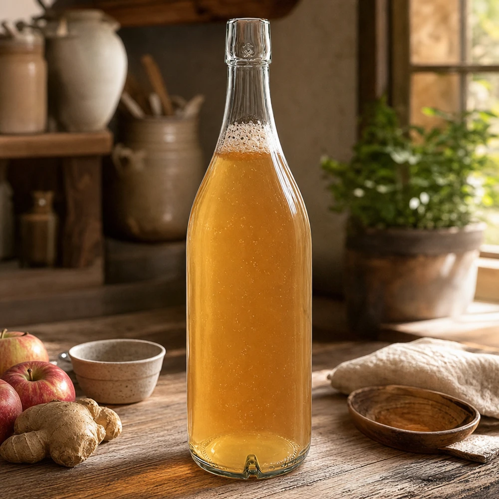 1000ml glazen fles UNiTWIST met gouden inhoud op een houten tafel naast appels en gember in een rustieke keuken