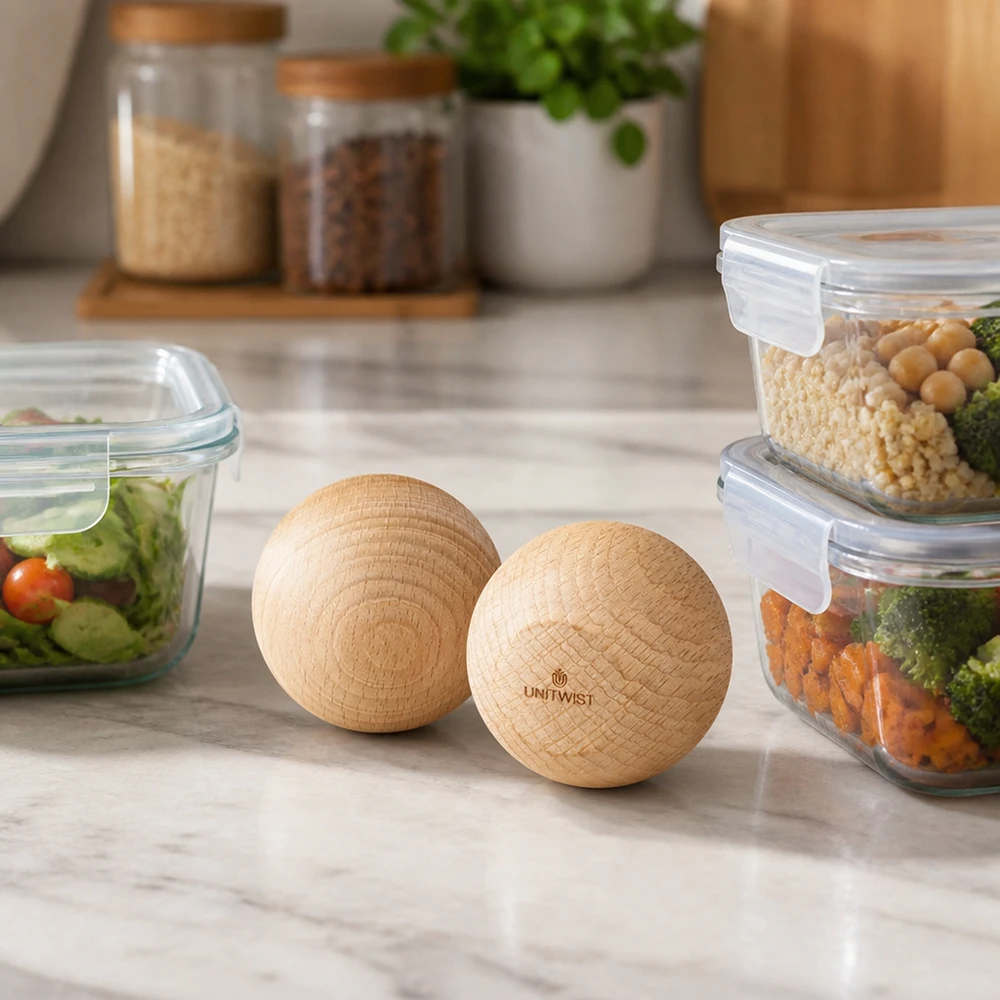 UNiTWIST houten beuken WECK RR60 ballen in een moderne keuken met maaltijddozen en voorraadpotten Lifestyle-scène