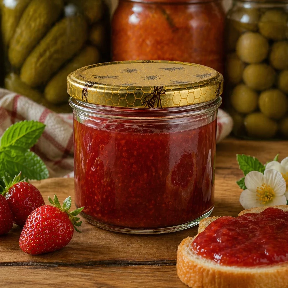 Honingraatpot 250g gevuld met jam naast verse aardbeien en brood op een houten tafel