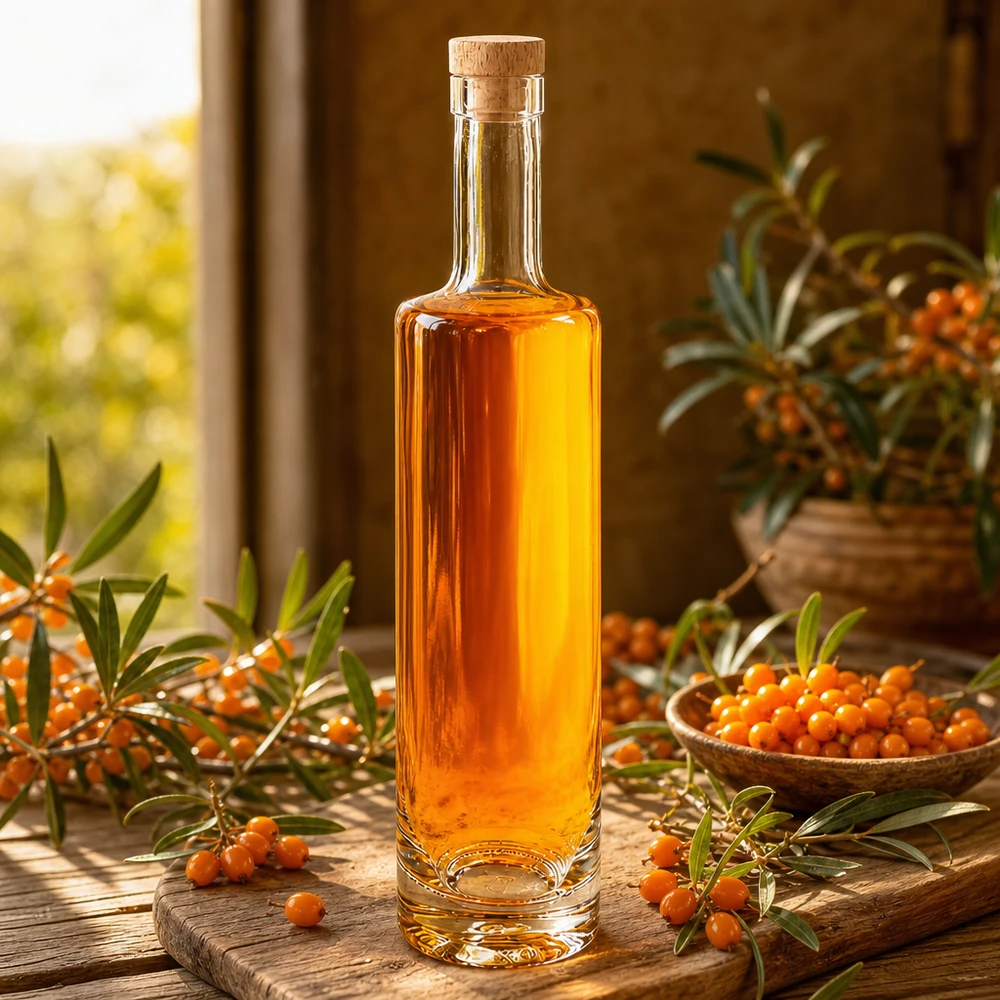 500 ml glazen fles Lina met houten handgreep UNiTWIST® 500ml Glasflasche Lina mit Holzkorken gefüllt mit Sanddornöl zwischen Sanddornbeeren warmes Sonnenlicht Ambiente