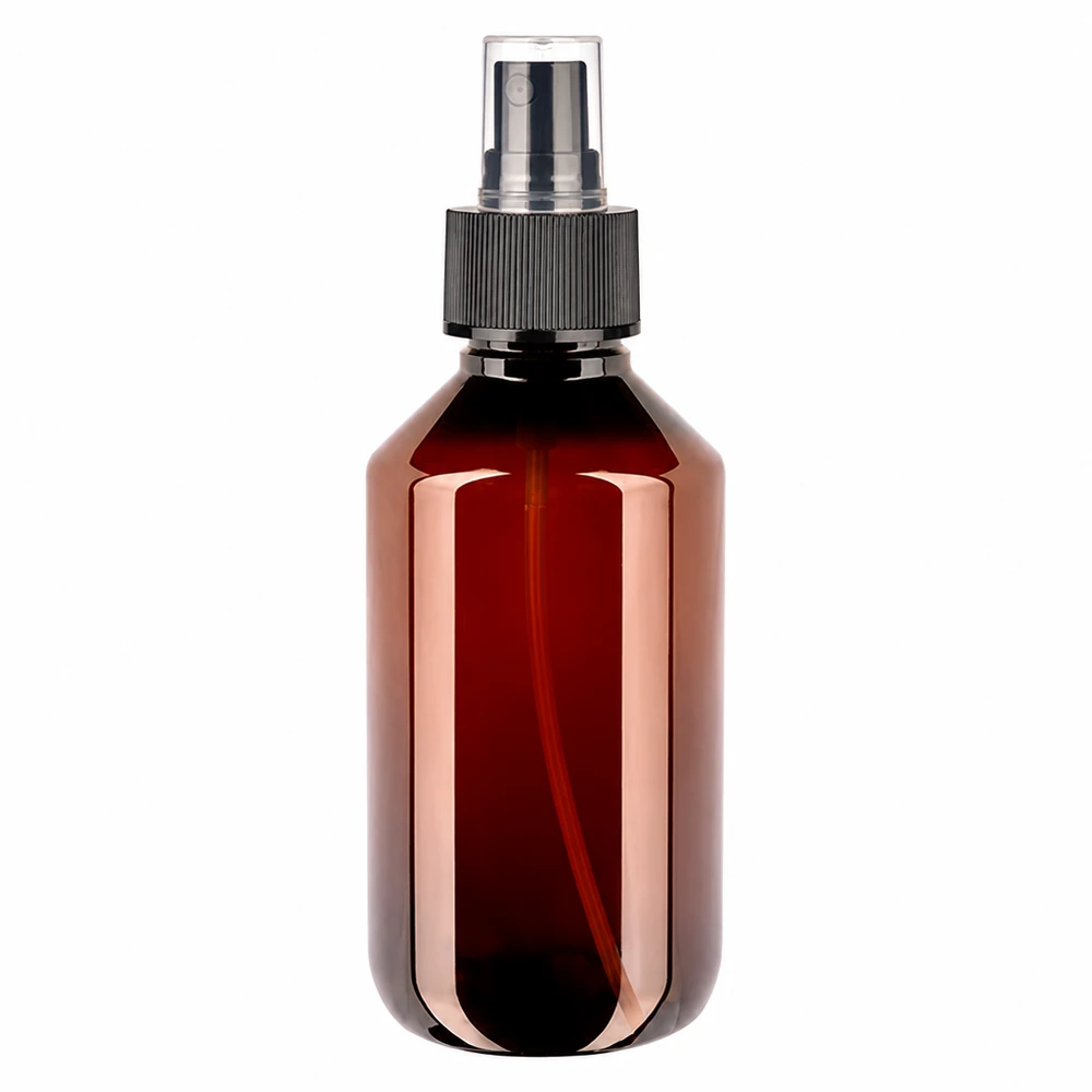 200 ml PET medicijnfles met verstuiver zwart GCMI 28/410 incl. dop transparant, standaard Nachfüllbare PET Flasche 200ml mit Zerstäuber in Braun für Kosmetik Parfüm und Reiniger
